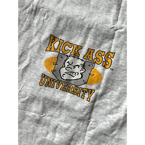 Vtg Deadstock Kick Ass University 90s Gray Cartoon Shirt M College Single Stitch - Picture 4 of 8